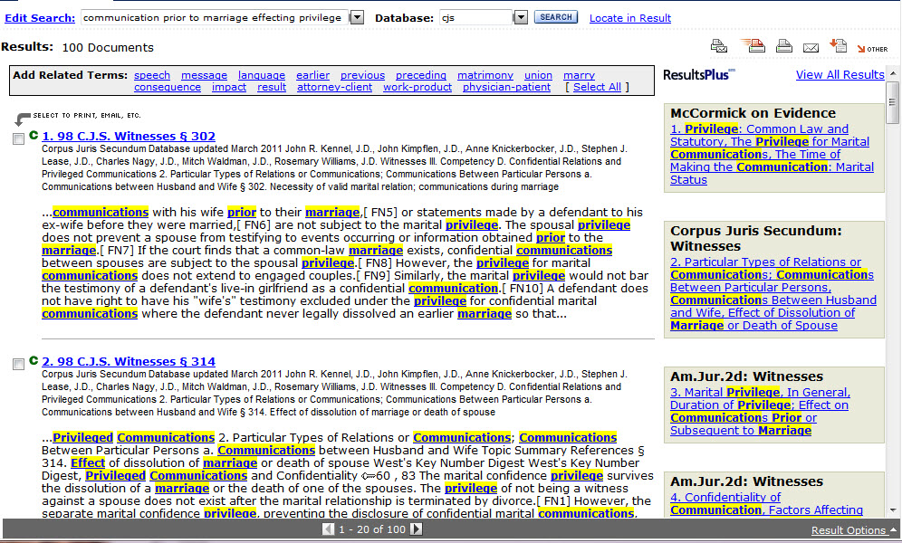 Westlaw: The Results Page provides links to cases that match your Search Query
